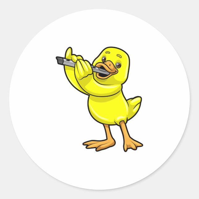 Duck at Music with Flute Classic Round Sticker (Front)