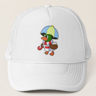 Duck at Raining with Umbrella Trucker Hat