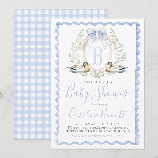 Duck Baby Boy Shower Preppy Gingham Blue Invitation (Front/Back)