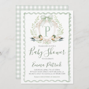 Duck Baby Boy Shower Preppy Gingham Sage Green Invitation