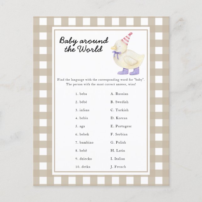 Duck baby shower - baby around the world game (Front)