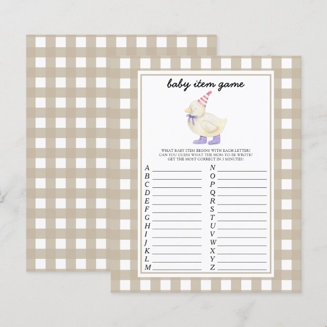 Duck baby shower Baby Item Game (Front/Back)