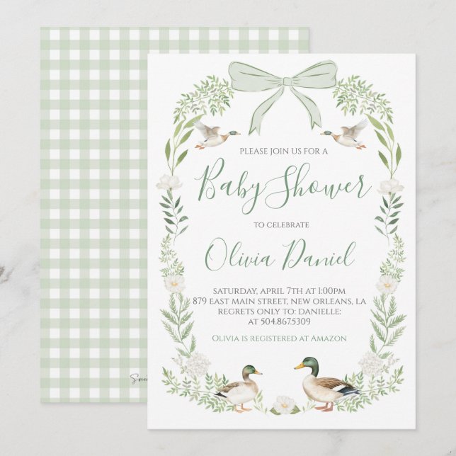 Duck Baby Shower Preppy Coquette Sage Green Invitation (Front/Back)