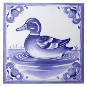 Duck Blue and White European Folk Animal Art Tile