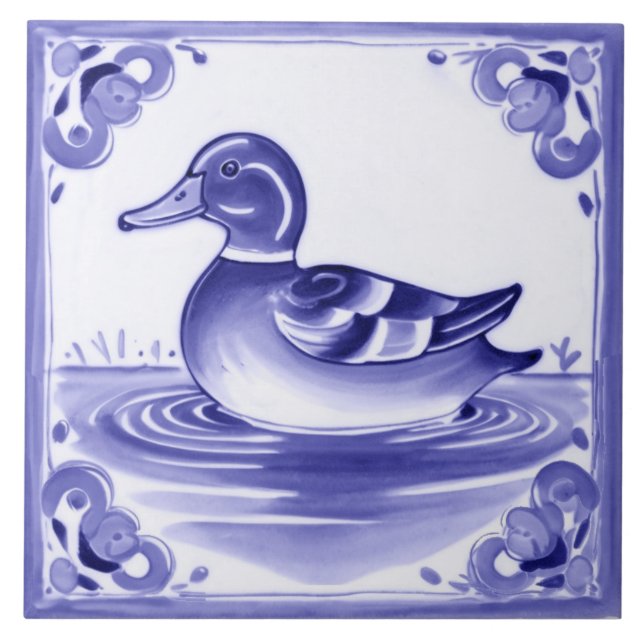 Duck Blue and White European Folk Animal Art Tile (Front)