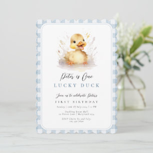 Duck Blue Gingham 1st Birthday Invitation