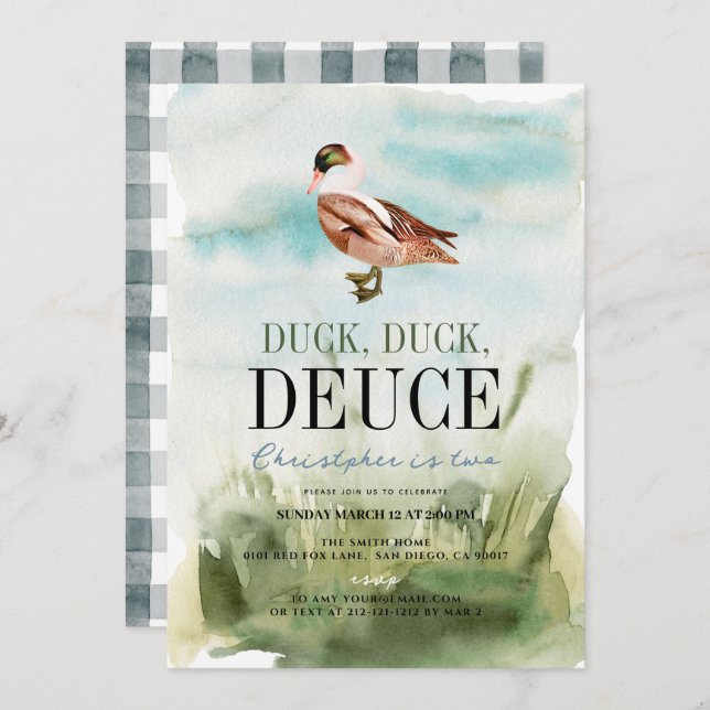Duck Duck Deuce Watercolor Boy 2nd Birthday Invitation (Front/Back)