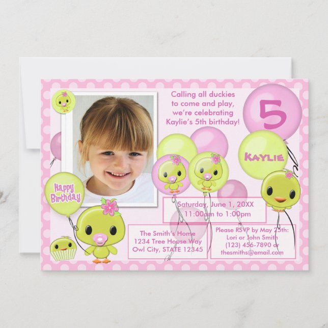 Duck Ducky birthday invitation pink yellow (photo) (Front)