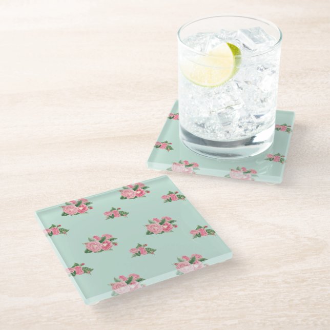 Duck egg blue floral glass coaster (Angled)