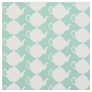 Duck Egg Blue Green and White Teapots Tea Pattern Fabric