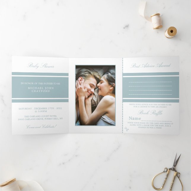 Duck Egg Blue, Modern Baby Shower Suite Tri-Fold Invitation (Inside)