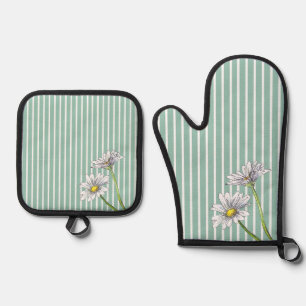 Duck Egg Blue Striped Floral Watercolor Daisy Oven Mitt & Pot Holder Set