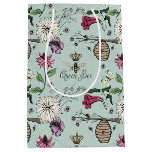 Duck Egg Blue Vintage Queen Bee and Flowers Medium Gift Bag