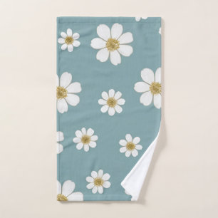 Duck Egg Blue with Daisies Pattern Hand Towel