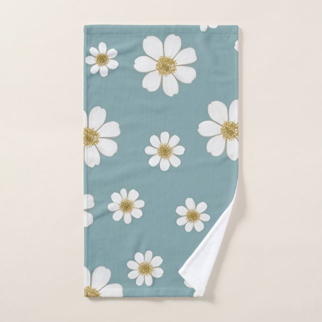 Duck Egg Blue with Daisies Pattern  Hand Towel (Hand Towel)