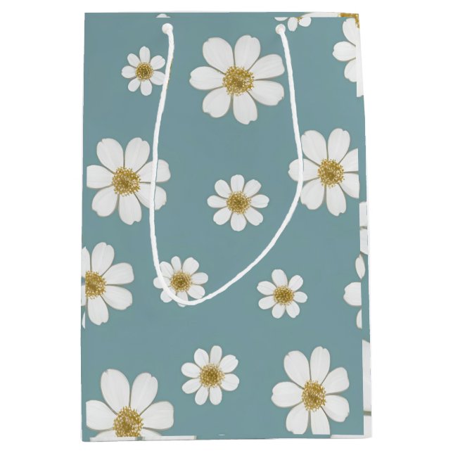Duck Egg Blue with Daisies Pattern  Medium Gift Bag (Front)