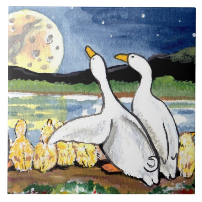 Duck Family Ducklings Watch Moon 6" Tile Trivet (Front)