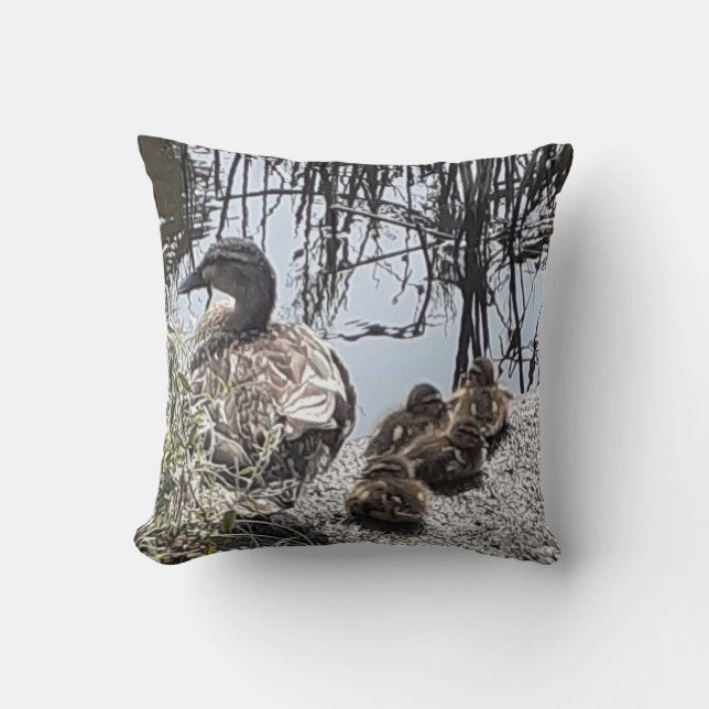 Duck family on the canal throw cushion. cushion (Front)