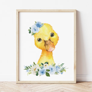 Duck, Farm Animals, Blue Flowers, Boy Nursery Poster