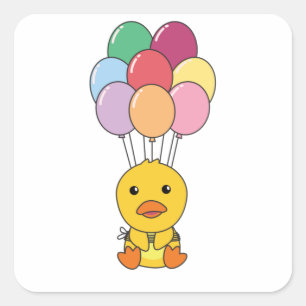 Duck Flies Up With Colourful Balloons Square Sticker