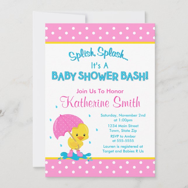 Duck Girl Baby Shower Invitation 5x7 Card (Front)