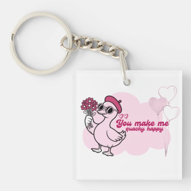  Duck Holding Flowers – “You Make Me Quacky Happy" Key Ring (Front)