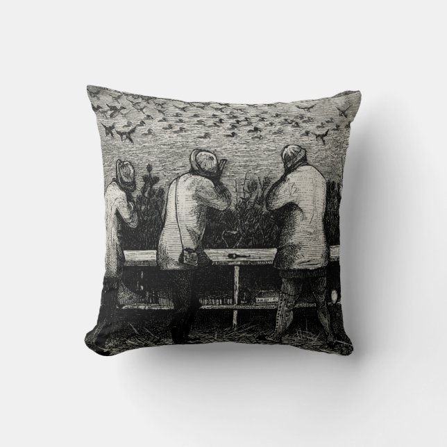 Duck Hunters Black & White Hunting Scene Cushion (Front)