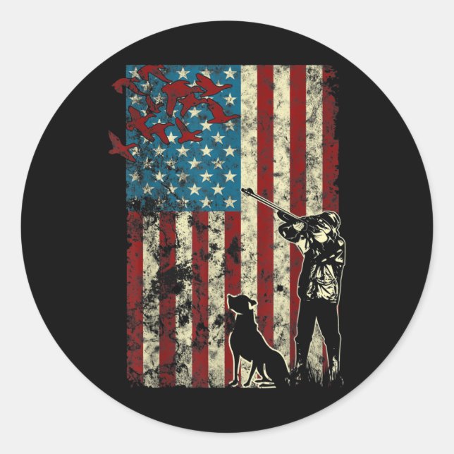 Duck Hunting Distressed Patriotic American Flag Classic Round Sticker (Front)