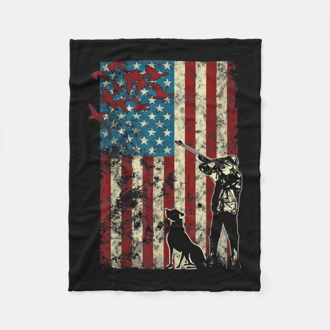 Duck Hunting Distressed Patriotic American Flag Fleece Blanket (Front)