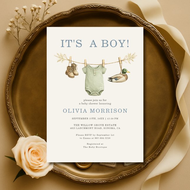 Duck Hunting It's a Boy Clothesline Baby Shower Invitation (Creator Uploaded)