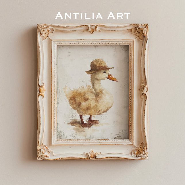  Duck in Hat Painting Whimsical Duckling Rustic Poster (Creator Uploaded)