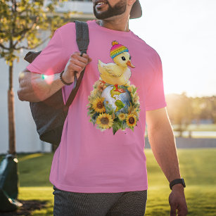 Duck in Pansexual Flag Colours Beanie on Planet T-Shirt