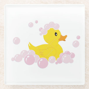 Duck in Pink Bubbles Glass Coaster