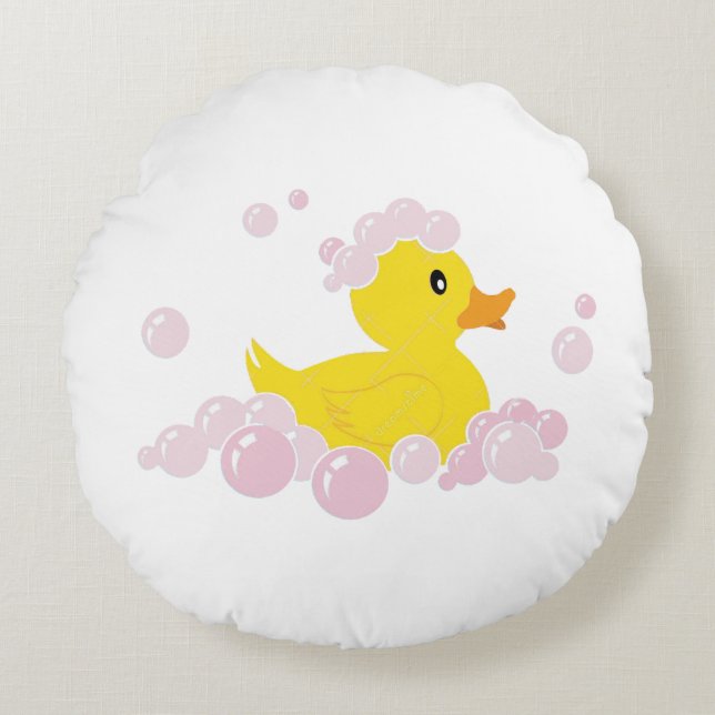 Duck in Pink Bubbles Round Cushion (Front)