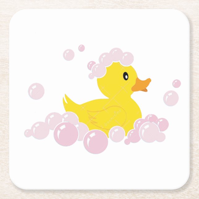Duck in Pink Bubbles Square Paper Coaster (Front)