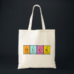 Duck periodic table name tote bag<br><div class="desc">Duck spelled out as D U C K (Deuterium Uranium Carbon Potassium) on a bag for the scientist in you.</div>