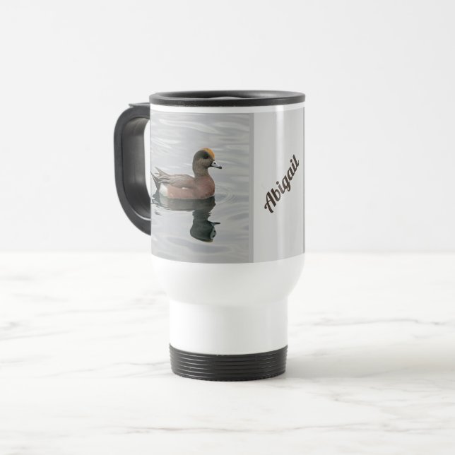 Duck Photo Male Wigeon on Calm Water Reflection Travel Mug (Front Left)