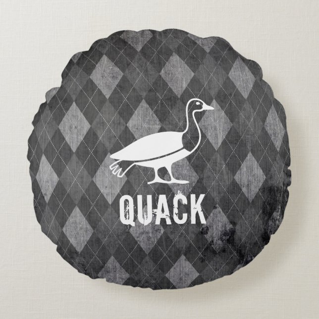 Duck Pictogram on Black Argyle Grunge Round Cushion (Front)