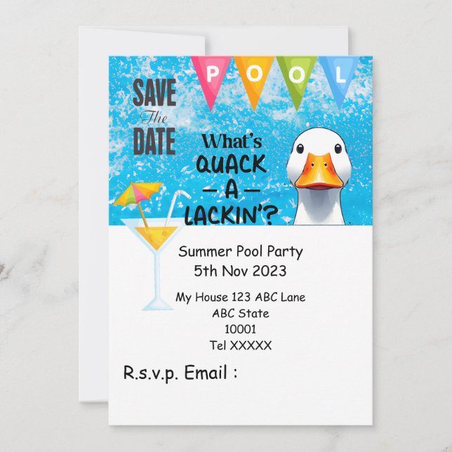 Duck Pool Party with Drink in the pool  Invitation (Front)