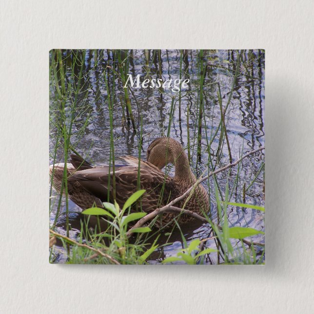 Duck Preening in the Reeds 15 Cm Square Badge (Front)