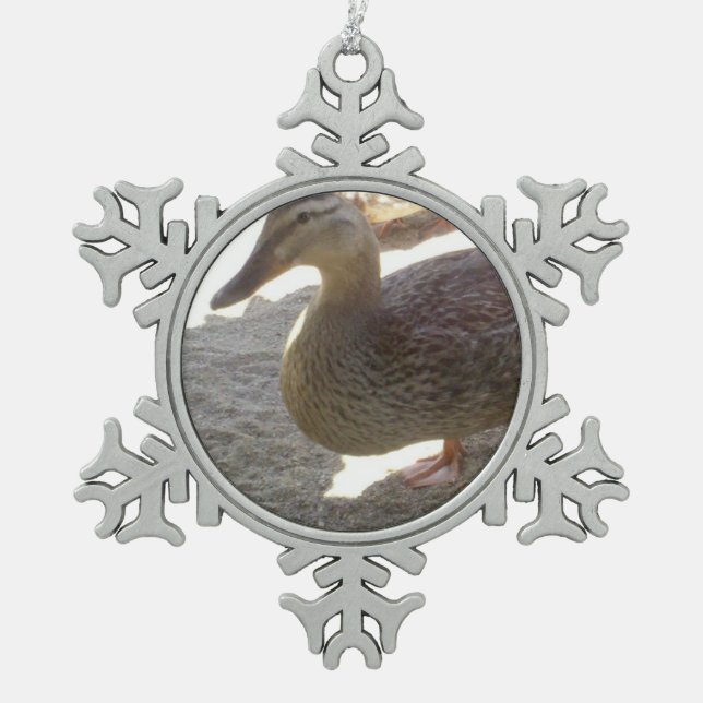 Duck Snowflake Pewter Christmas Ornament (Front)