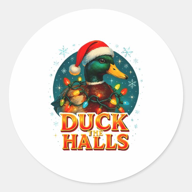 Duck The Halls Funny Christmas Lights Hunting Seas Classic Round Sticker (Front)