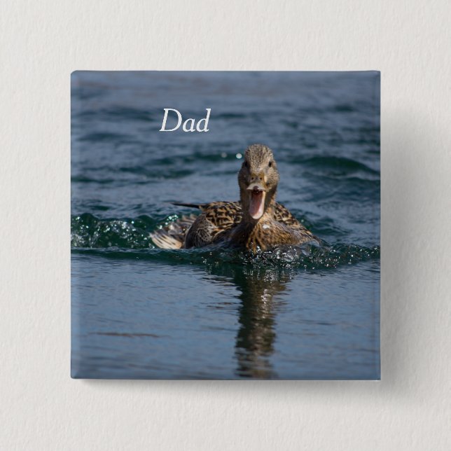 Duck with beak open 15 cm square badge (Front)