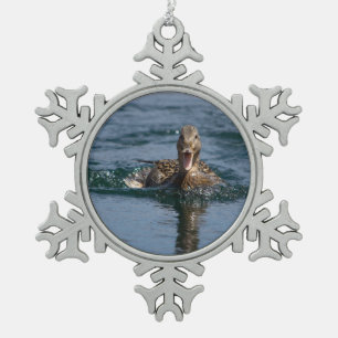 Duck with beak open snowflake pewter christmas ornament