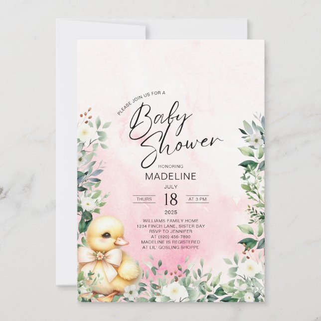 Duck with Bow Pink Girl Baby Shower Invitation (Front)