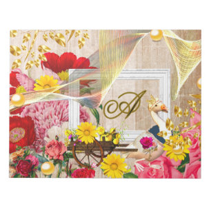 Duck & Wooden Carriage Red Roses Gold Decor Floral Notepad