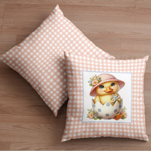 Duckling Chick in Easter Egg on Pink Gingham Plaid Cushion