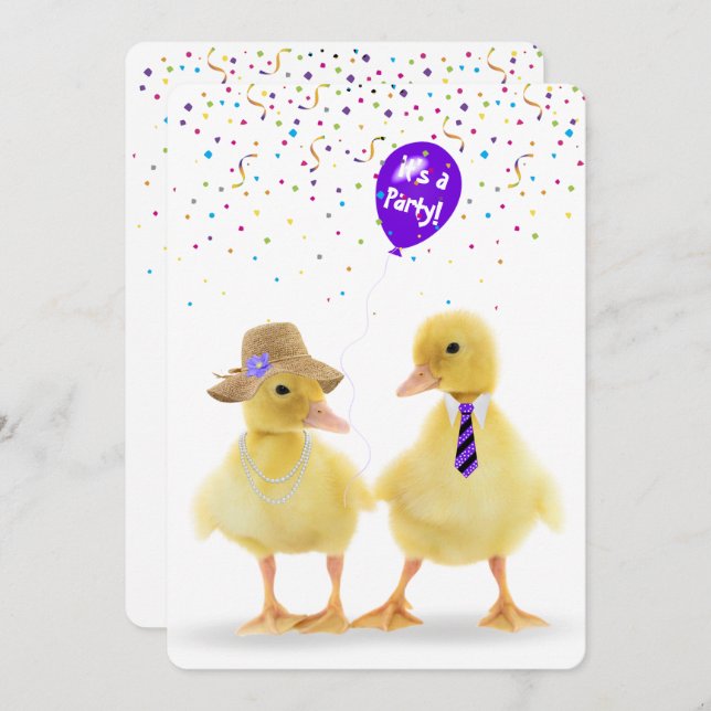 Duckling Couple With Party Balloon Invitation (Front/Back)