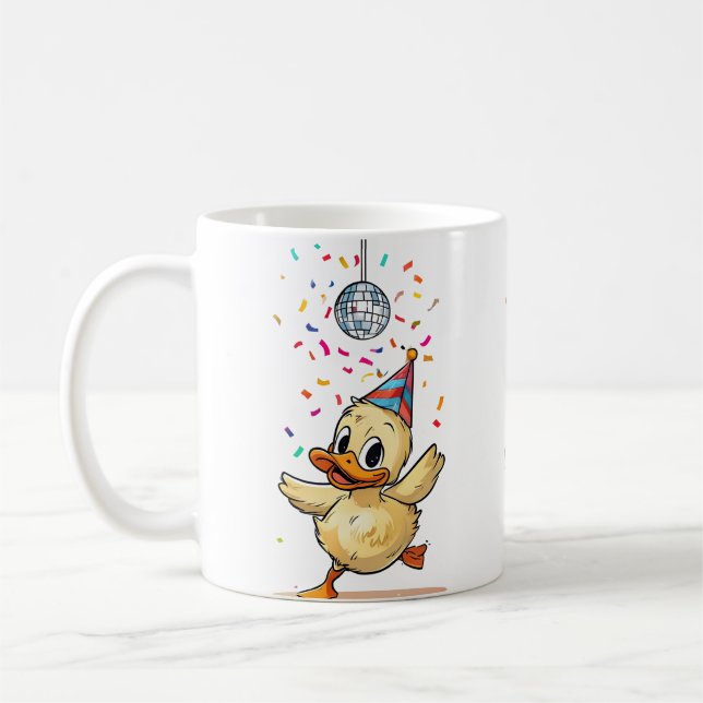 Duckling Dancing Under Disco Ball with Confetti Coffee Mug (Left)