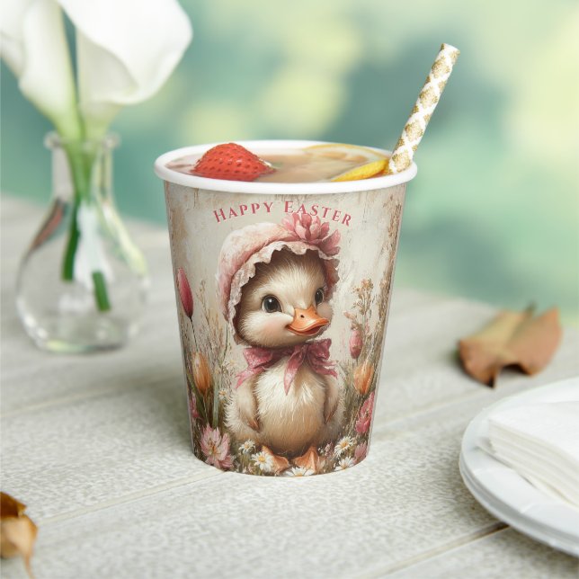  Duckling Easter Pink Bonnet Tulips Daisies Paper Cups (Insitu)